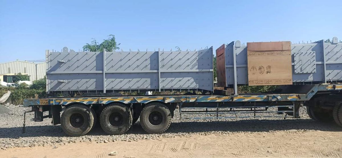 Structural steel on a flatbed trailer